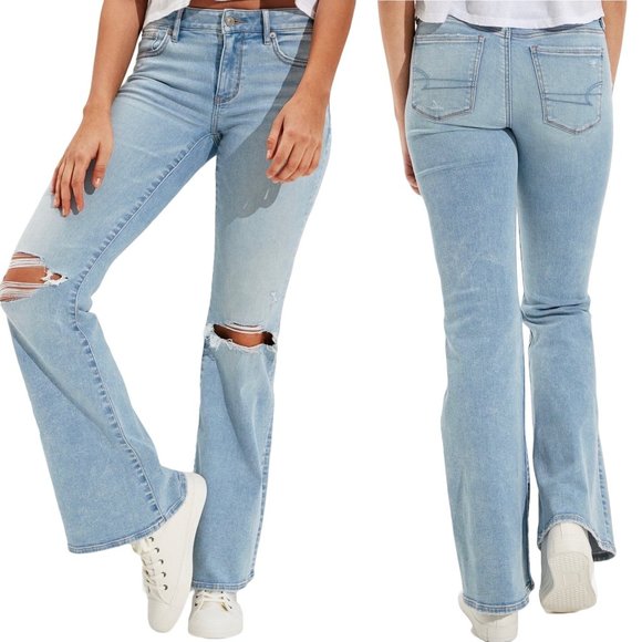 NWT American Eagle 18 Short AE Next Level Ripped Low Rise Flare Jean Light Wash - Picture 1 of 8